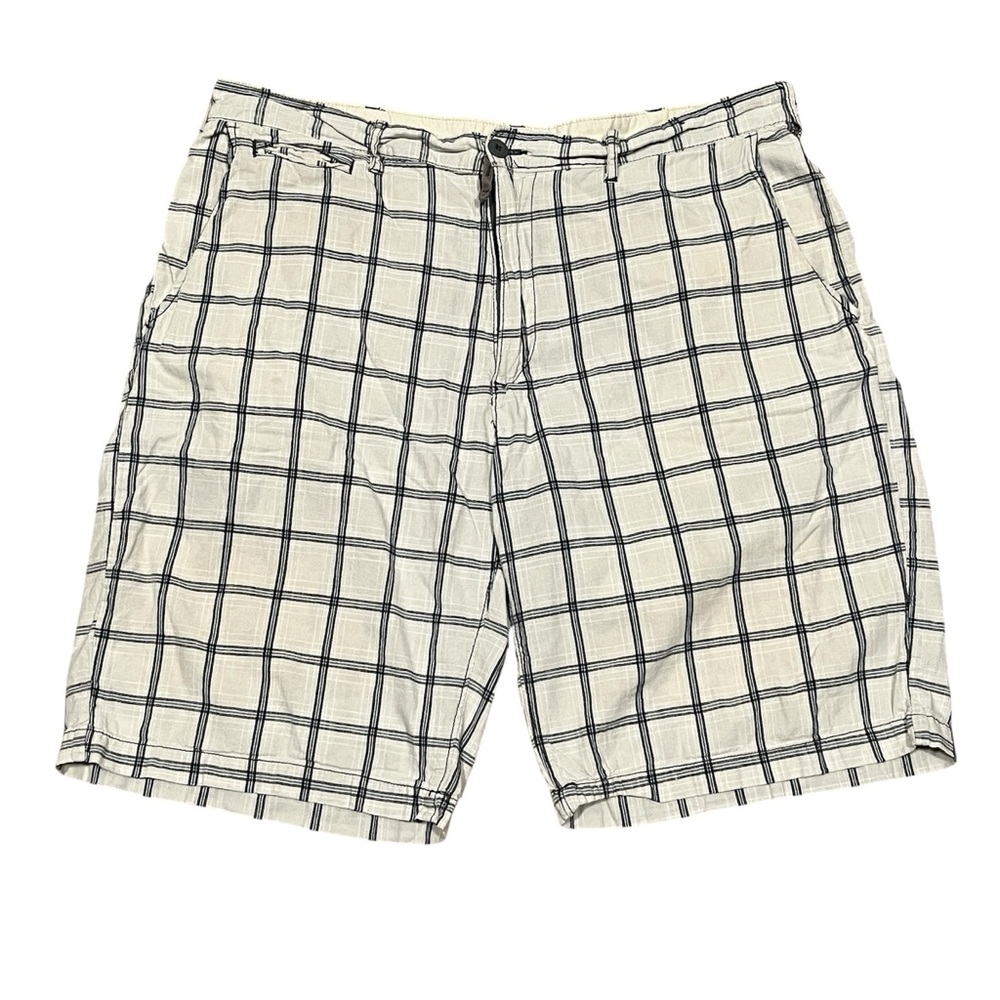 Sz 38 Union Bay Ivory Blue Gray Plaid Cotton Shorts 10in Inseam Men’s Flat Front